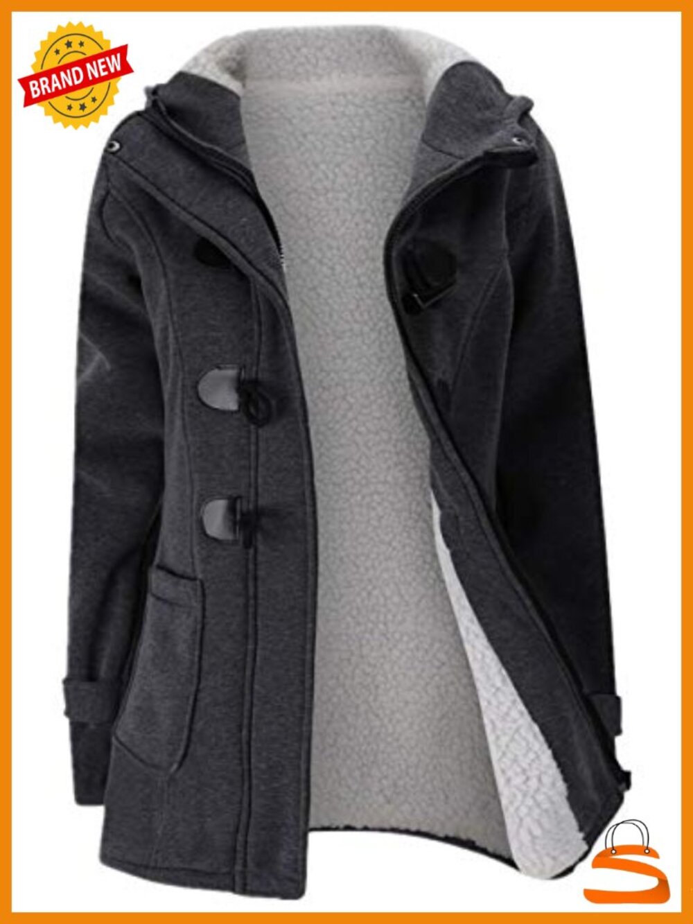Women's Hooded Fleece Wool Pea Coat Winter Warm Horn Button Jacket